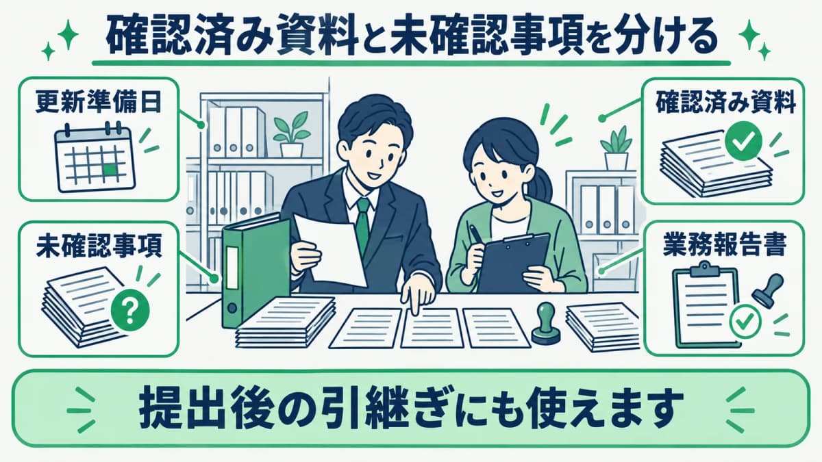 建築士事務所の業務報告書で確認済みと未確認を分ける図