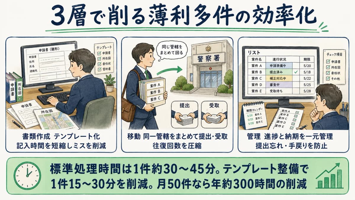 書類作成・移動・管理の3層で効率化する仕組みを示した図