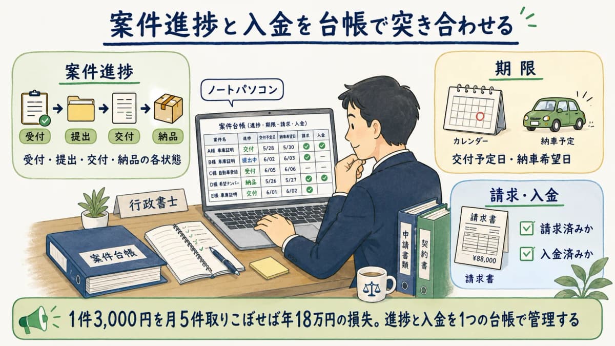 案件進捗と入金を台帳で突き合わせて管理する画面イメージ