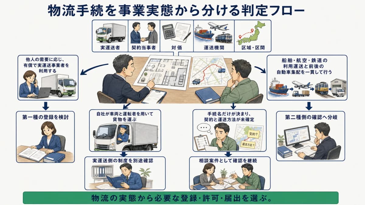物流手続を事業実態から分ける判定フロー