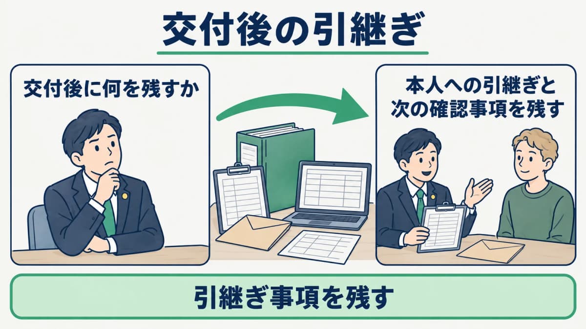 交付後の本人への引継ぎと次の確認事項を示す図
