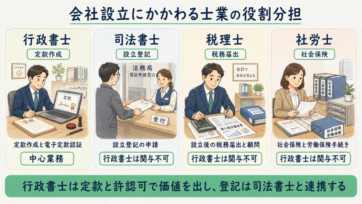 会社設立にかかわる士業の役割分担を示す図