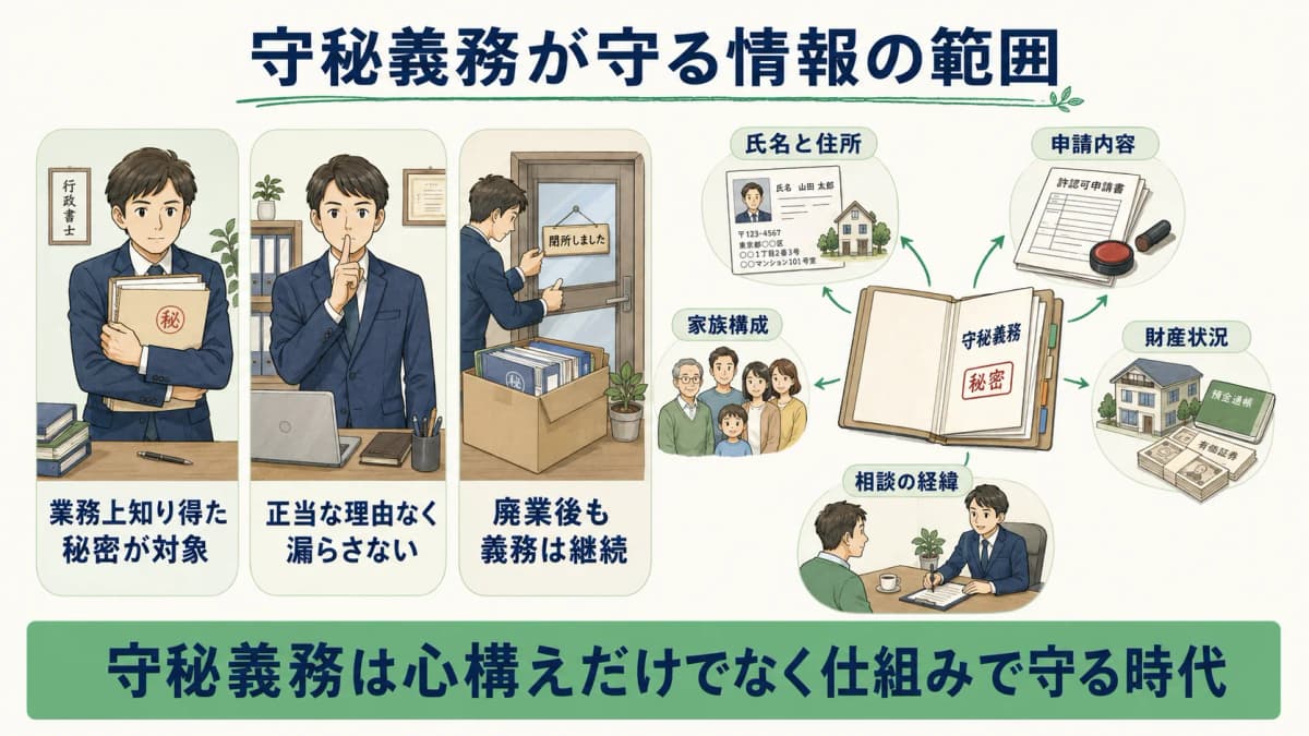 行政書士法第12条の守秘義務と対象情報の範囲を示した図