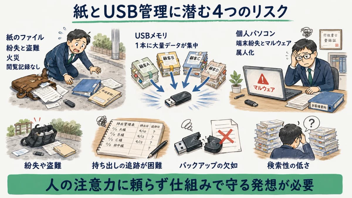 紙とUSB管理の紛失・盗難・バックアップ欠如のリスクを整理した図