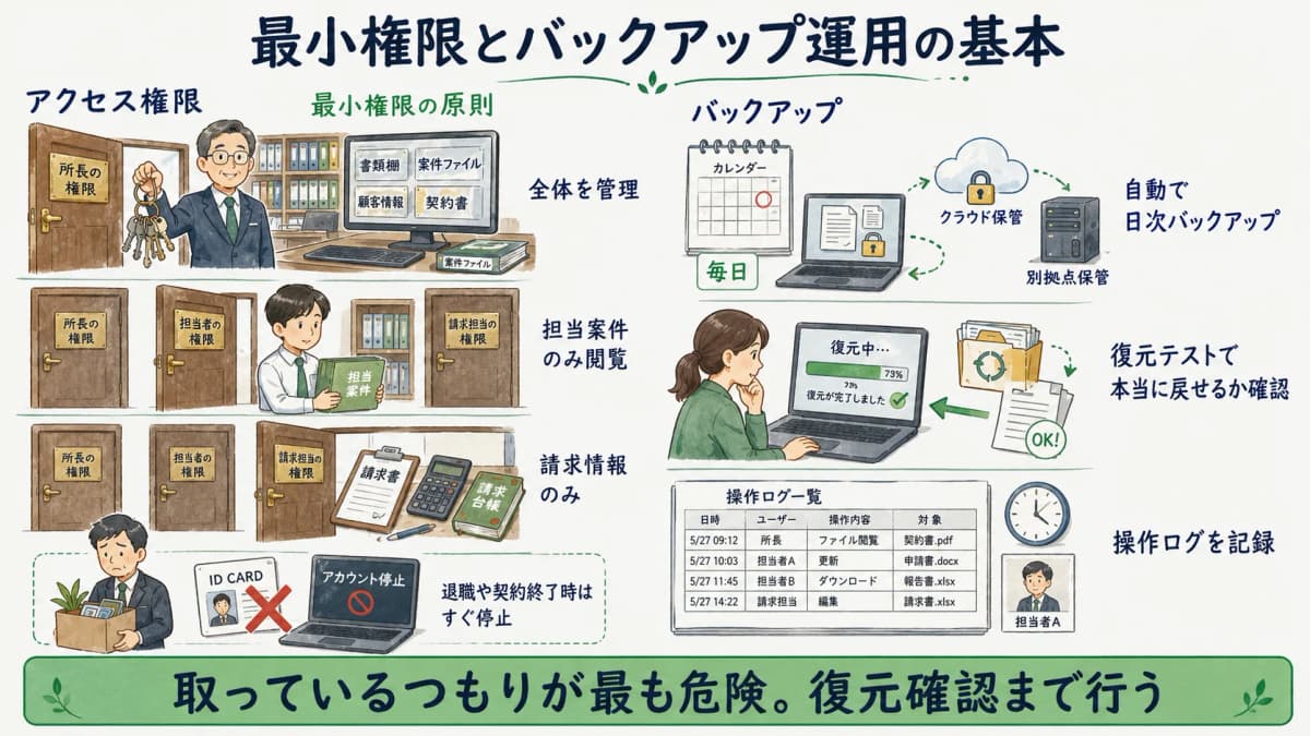 アクセス権限の最小化とバックアップ運用の考え方を整理した図