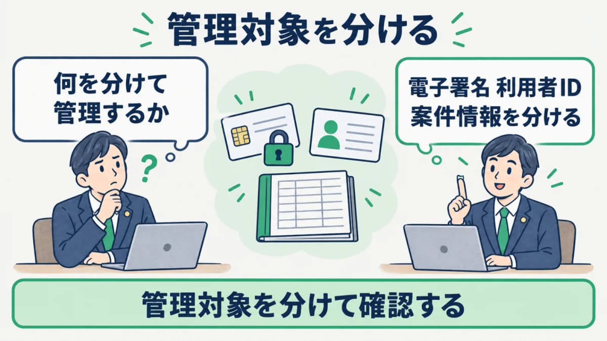 電子証明書・利用者ID・案件情報を区別する図