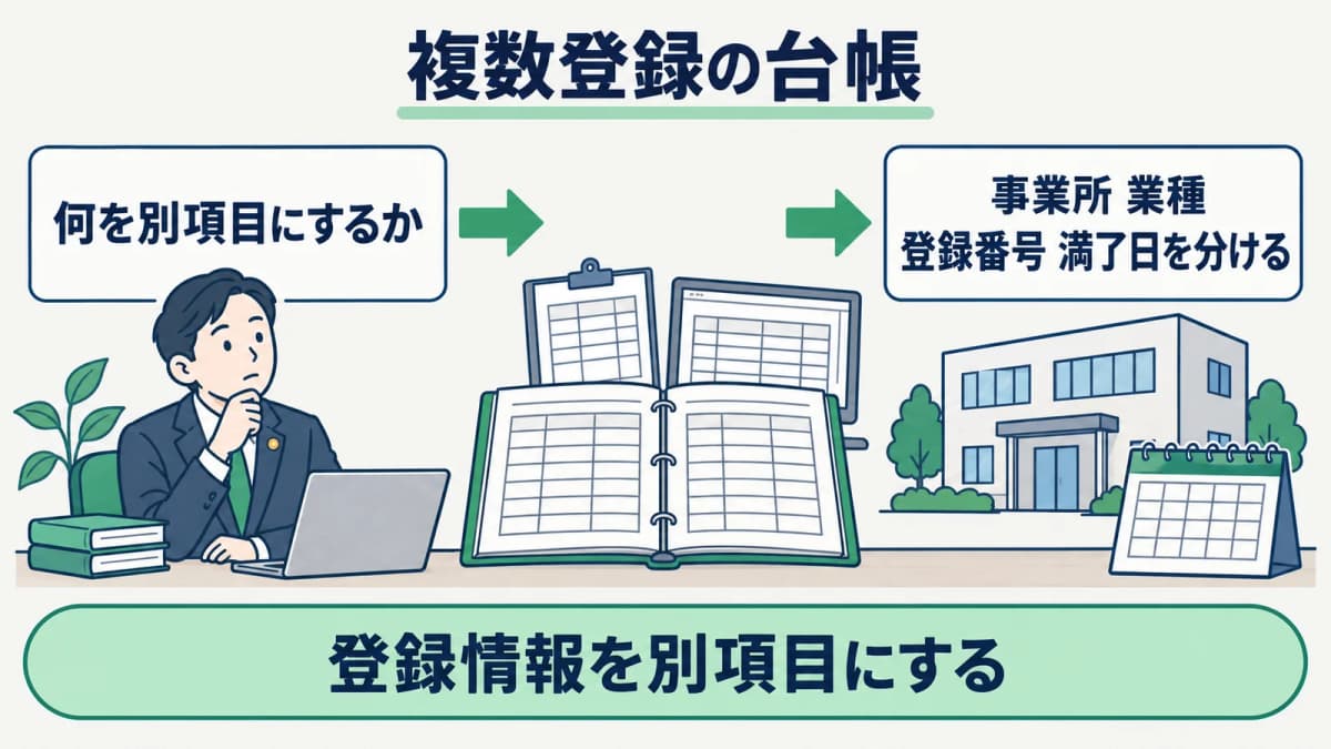 事業所・業種・登録番号・満了日を分ける台帳図