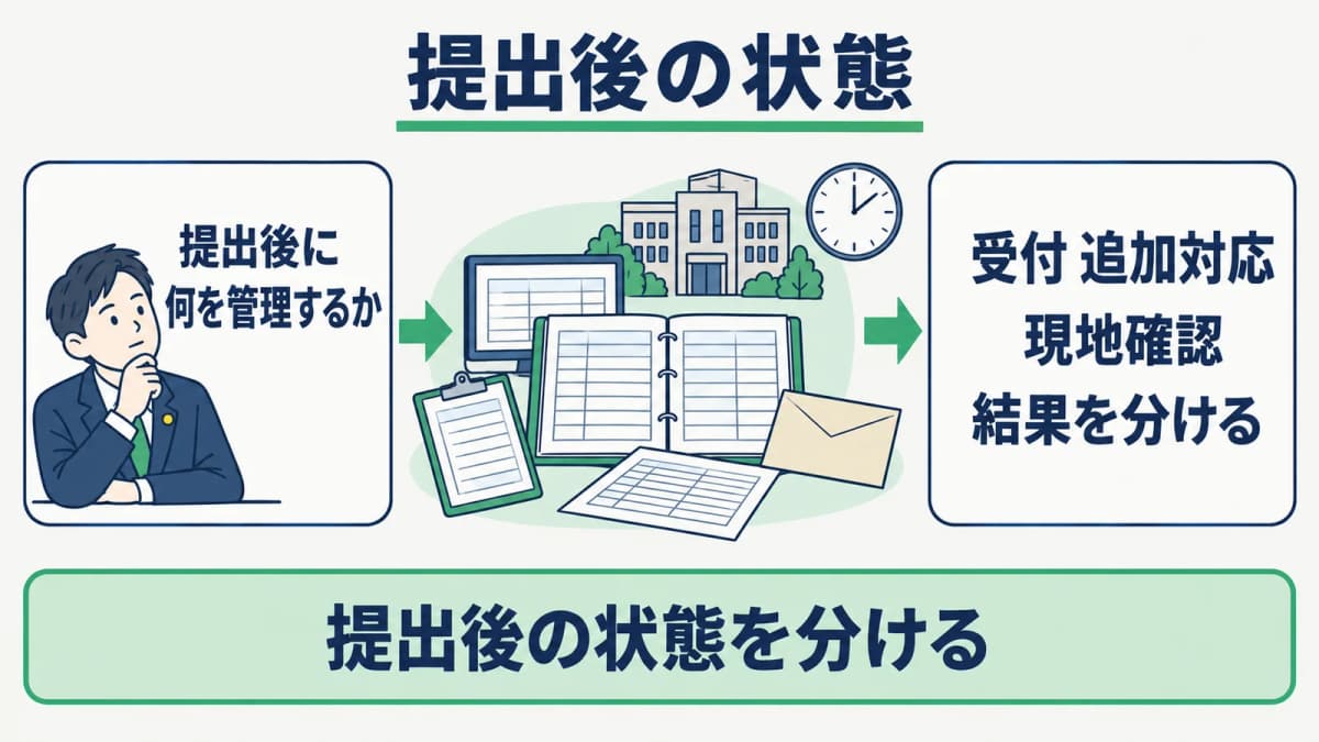 受付・追加対応・現地確認・結果を状態別に管理する図