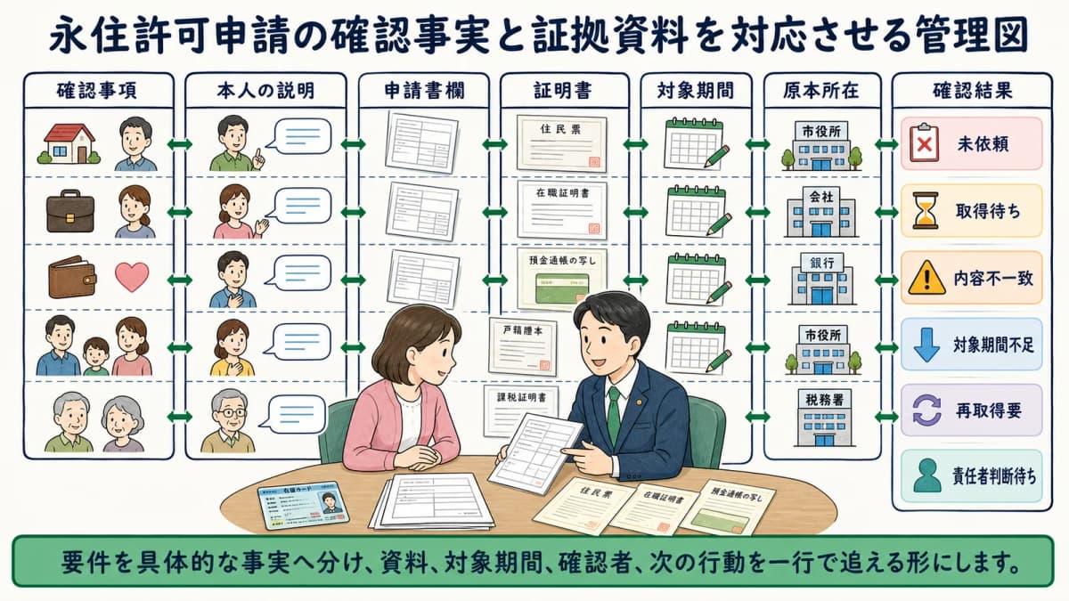 永住許可申請の確認事実と証拠資料を対応させる管理図