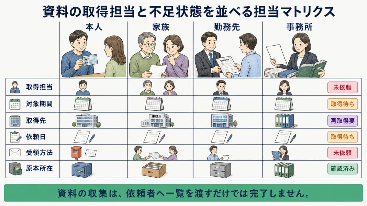 資料の取得担当と不足状態を並べる担当マトリクス