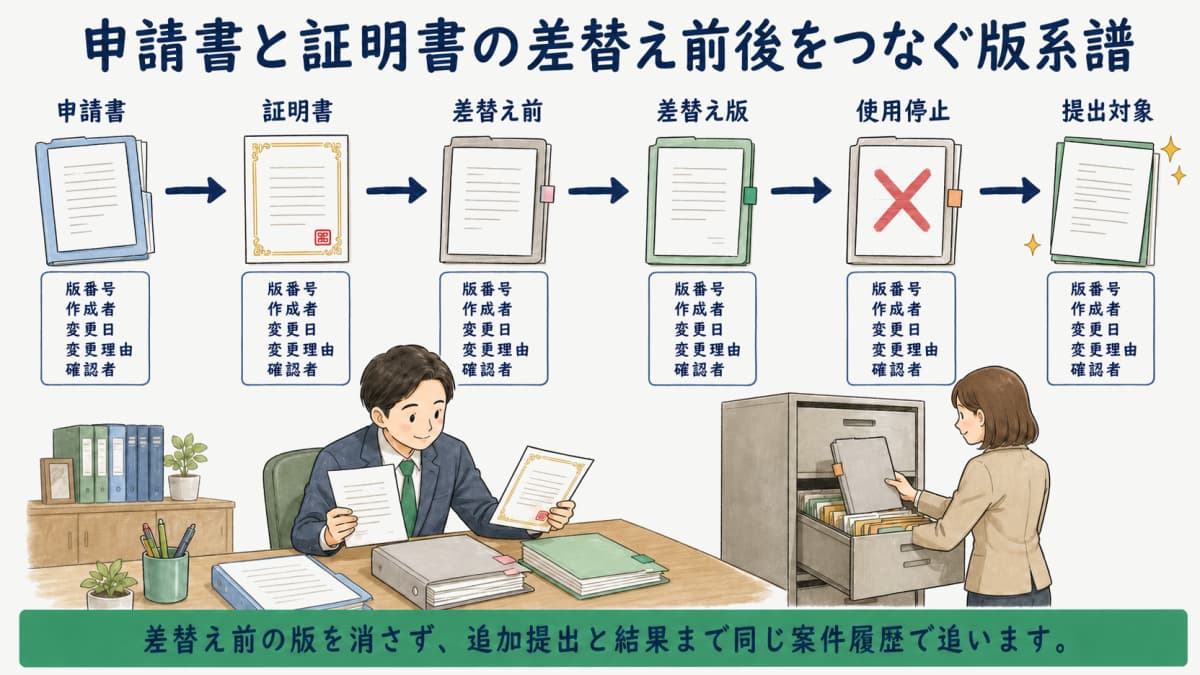 申請書と証明書の差替え前後をつなぐ版系譜