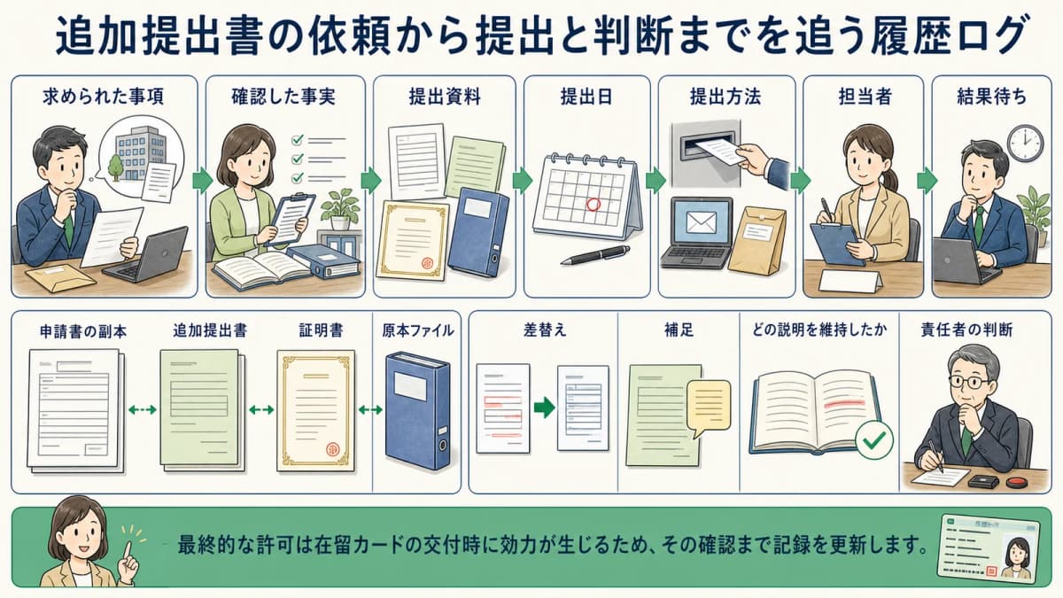 追加提出書の依頼から提出と判断までを追う履歴ログ