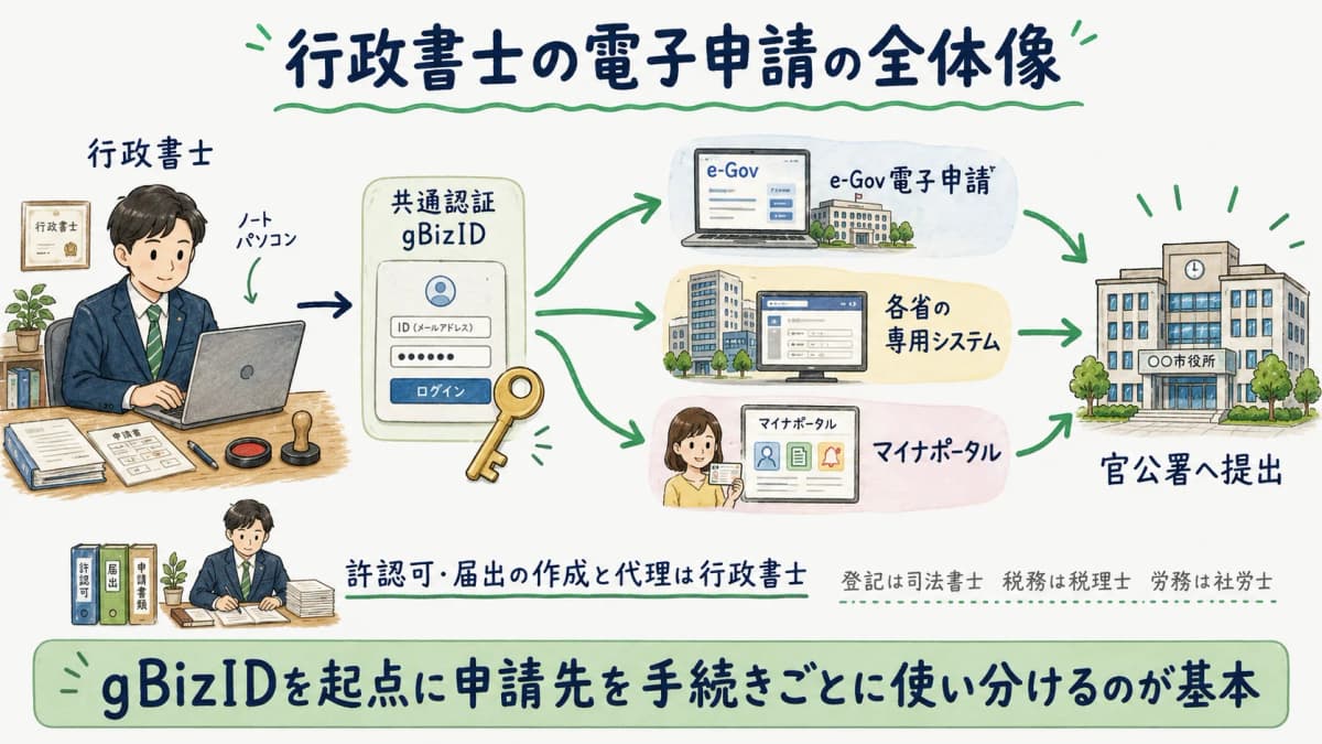行政書士の電子申請の全体像を示す図解