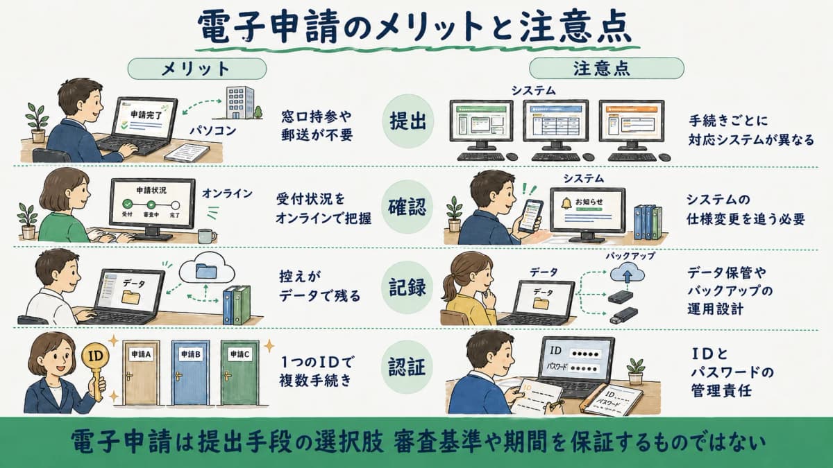電子申請のメリットと注意点を対比した図解