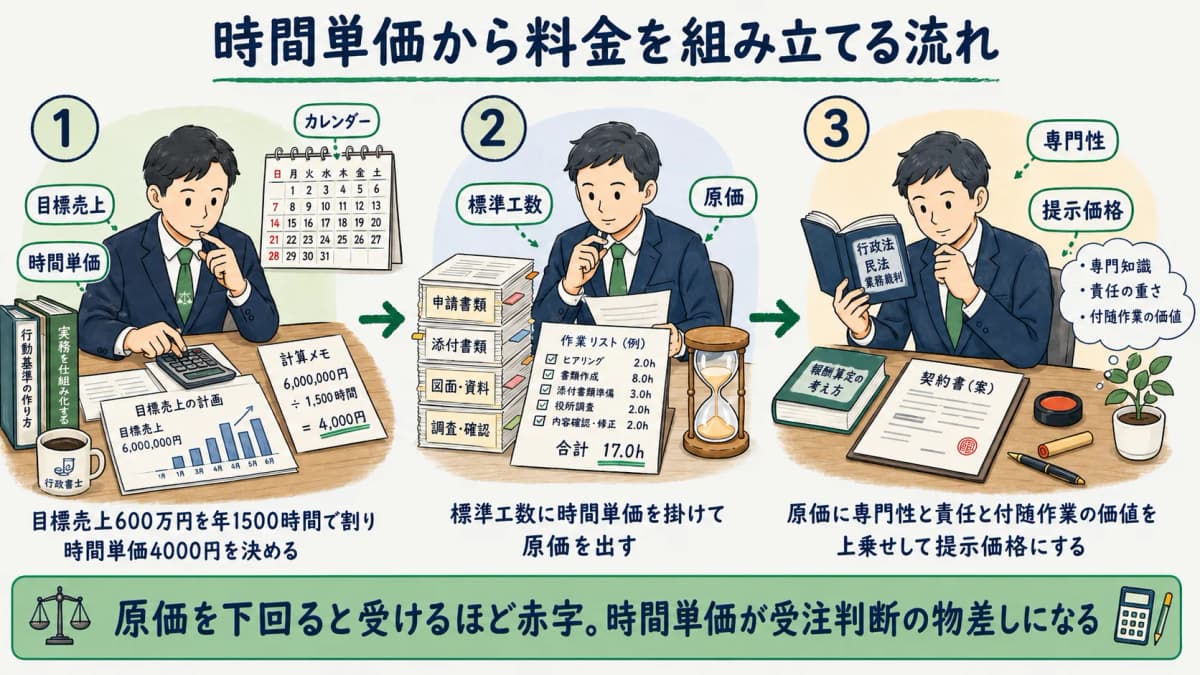 時間単価から料金を組み立てる流れを示す図