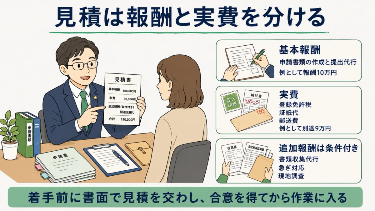 見積で報酬と実費を分けて示す構成の図