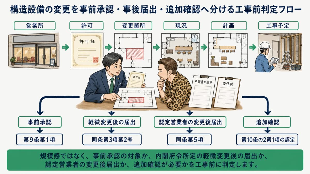 構造設備の変更を事前承認・事後届出・追加確認へ分ける工事前判定フロー