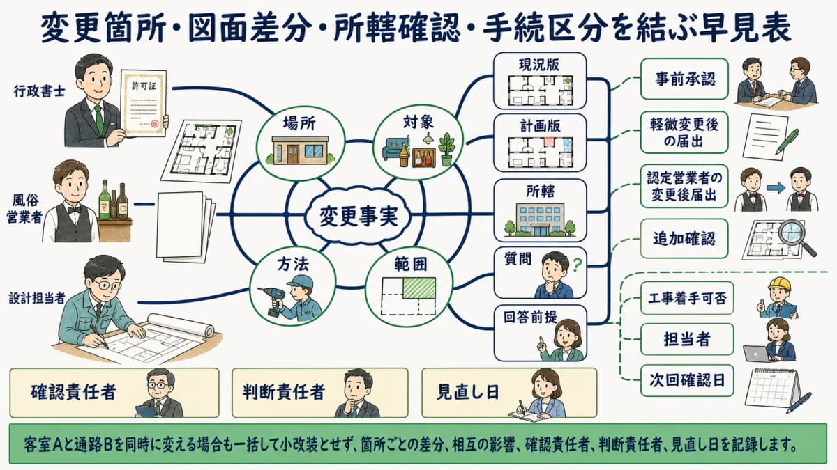 変更箇所・図面差分・所轄確認・手続区分を結ぶ早見表