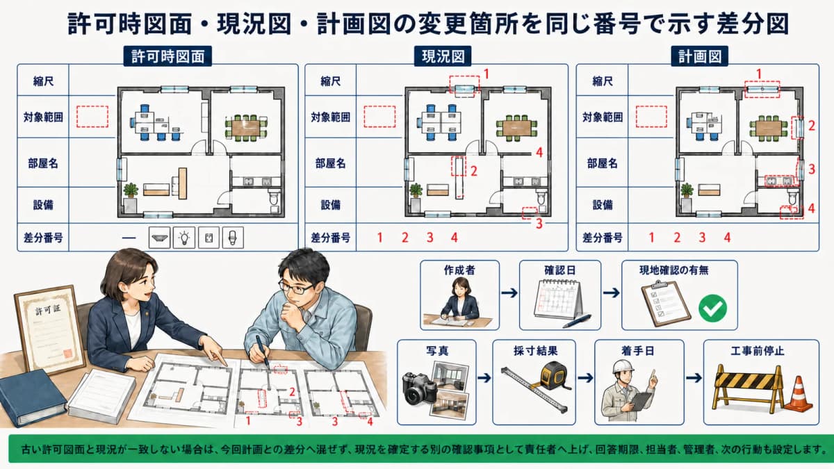 許可時図面・現況図・計画図の変更箇所を同じ番号で示す差分図