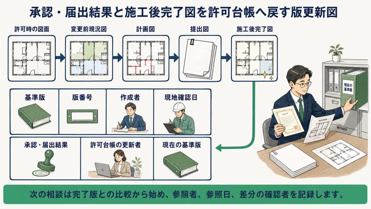 承認・届出結果と施工後完了図を許可台帳へ戻す版更新図
