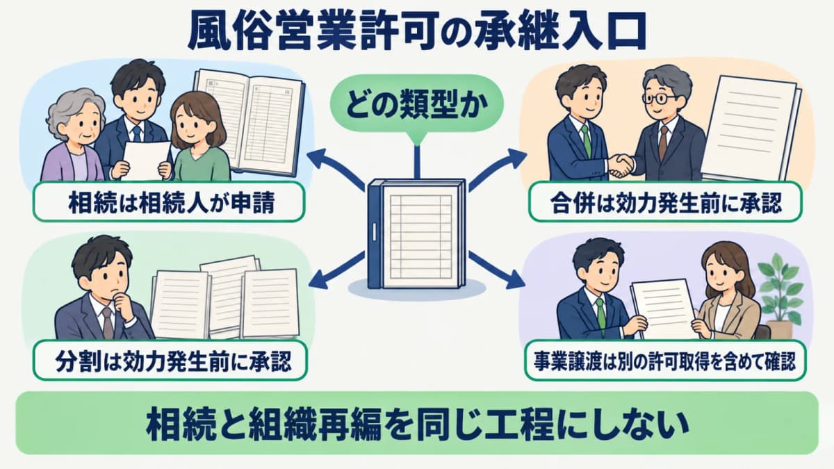 相続と合併と分割を分ける風俗営業許可承継の分岐図
