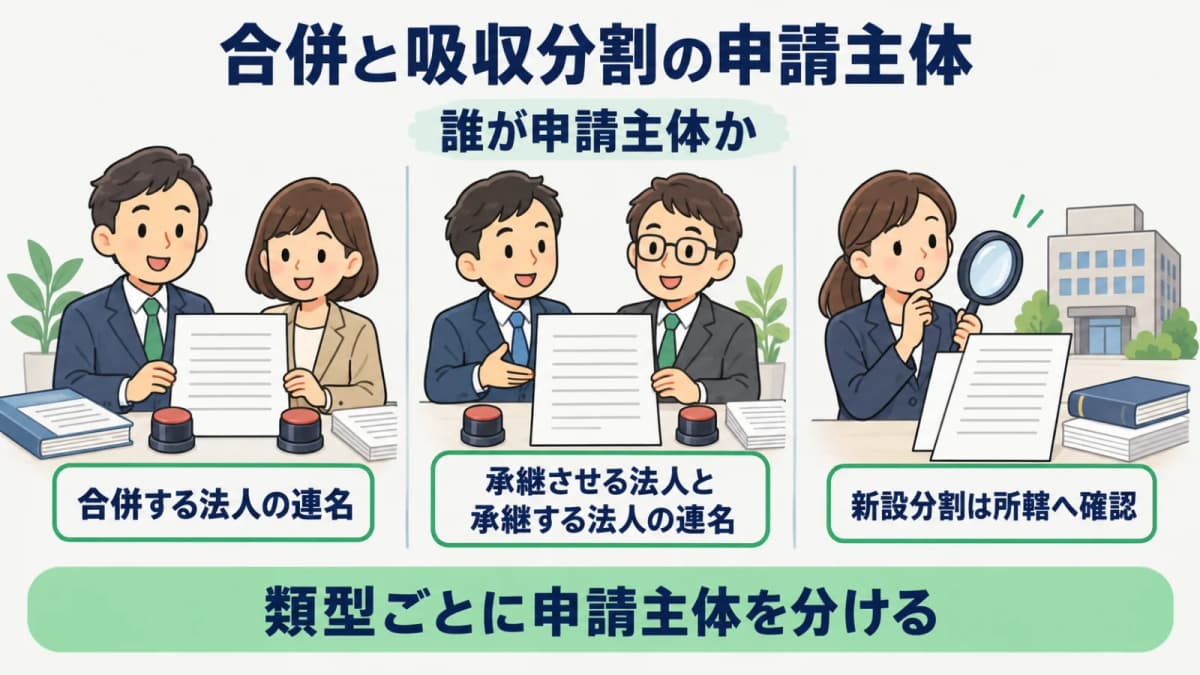 合併と吸収分割の申請主体を取り違えない承認工程図