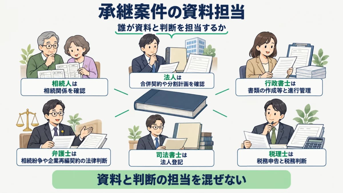 相続人と法人と行政書士の資料担当を分ける役割表