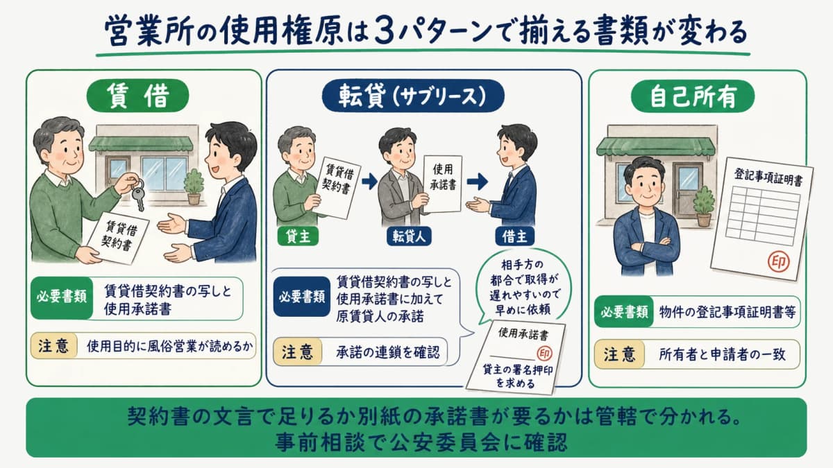 営業所の使用権原を賃借・転貸・自己所有で整理した図
