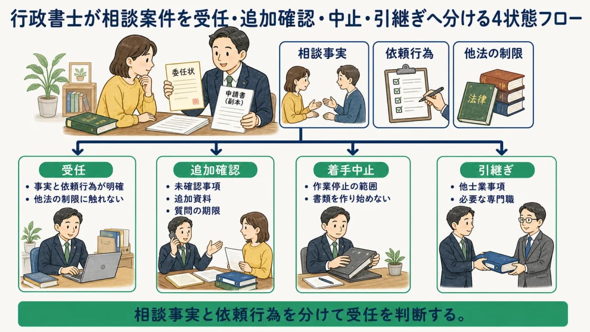 行政書士が相談案件を受任・追加確認・中止・引継ぎへ分ける4状態フロー
