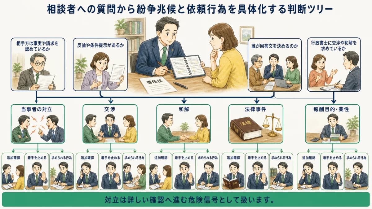 相談者への質問から紛争兆候と依頼行為を具体化する判断ツリー