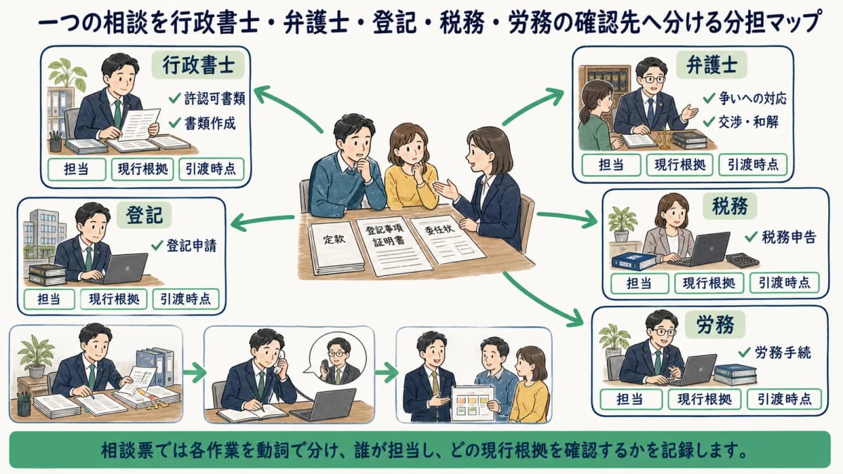 一つの相談を行政書士・弁護士・登記・税務・労務の確認先へ分ける分担マップ