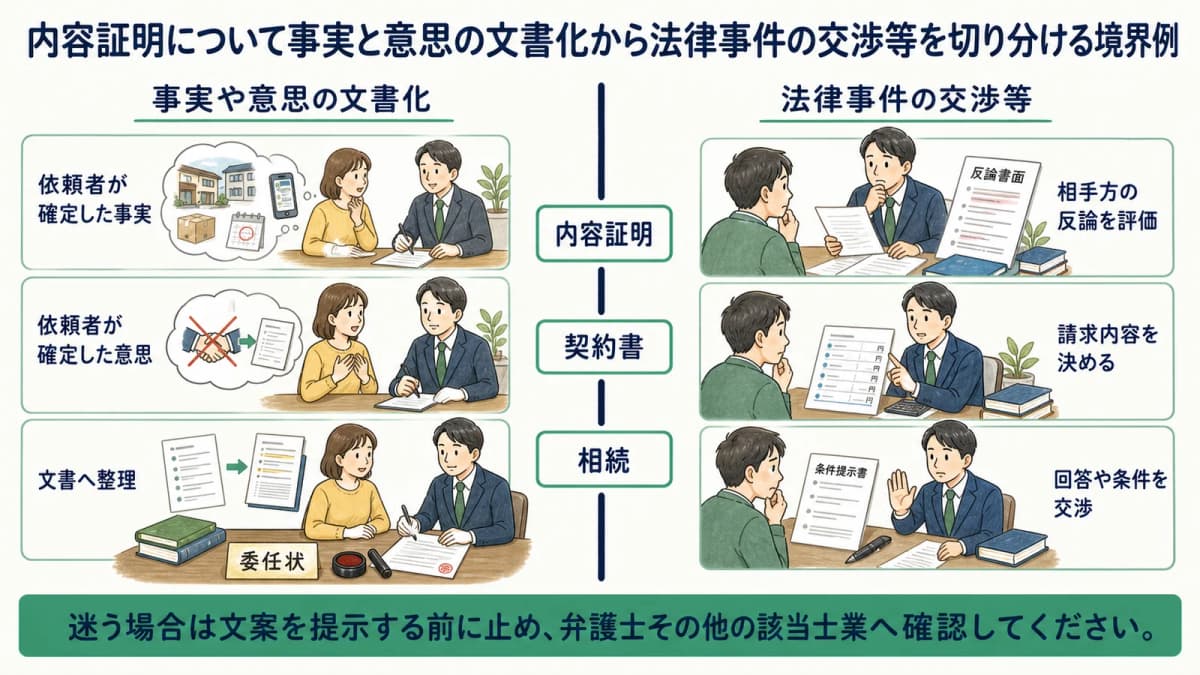 内容証明について事実と意思の文書化から法律事件の交渉等を切り分ける境界例