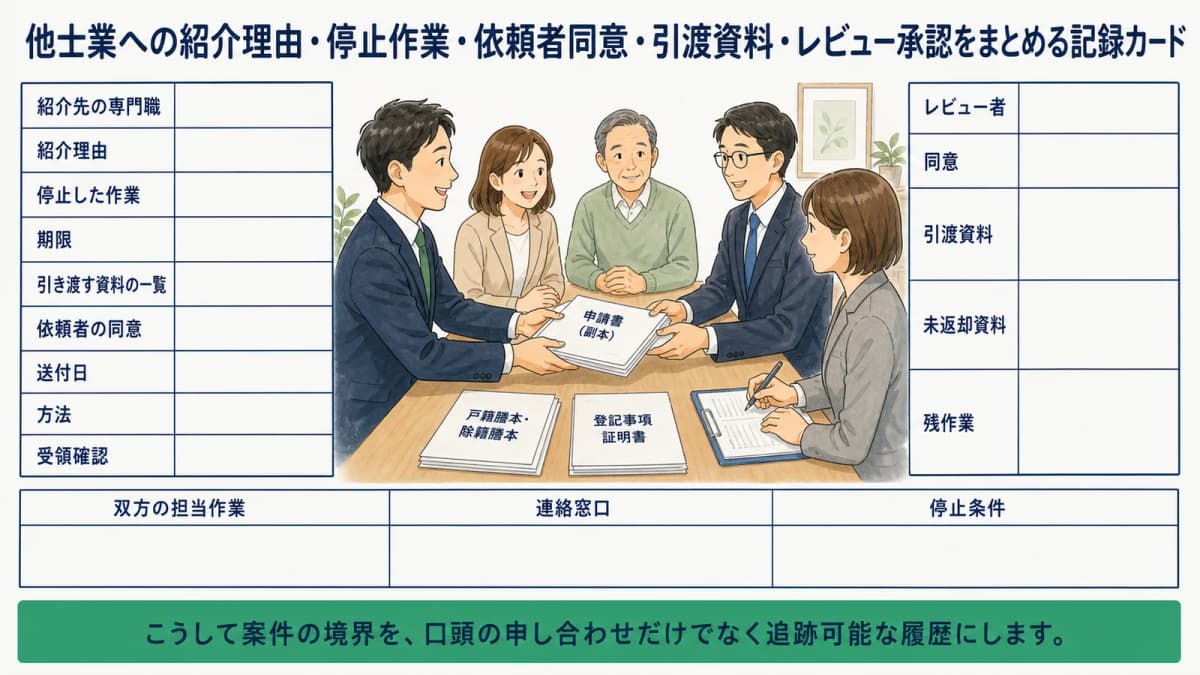 他士業への紹介理由・停止作業・依頼者同意・引渡資料・レビュー承認をまとめる記録カード