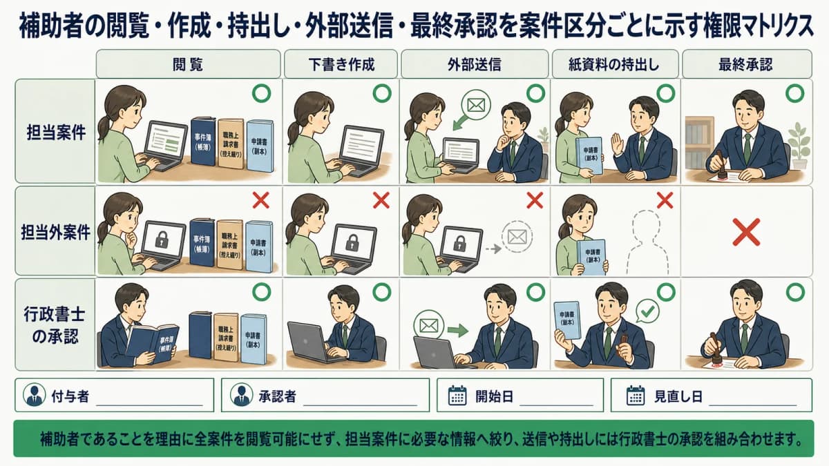 補助者の閲覧・作成・持出し・外部送信・最終承認を案件区分ごとに示す権限マトリクス