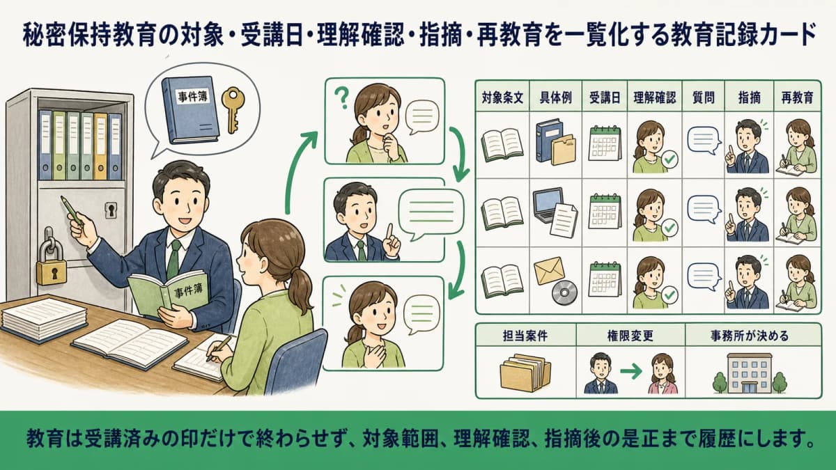 秘密保持教育の対象・受講日・理解確認・指摘・再教育を一覧化する教育記録カード