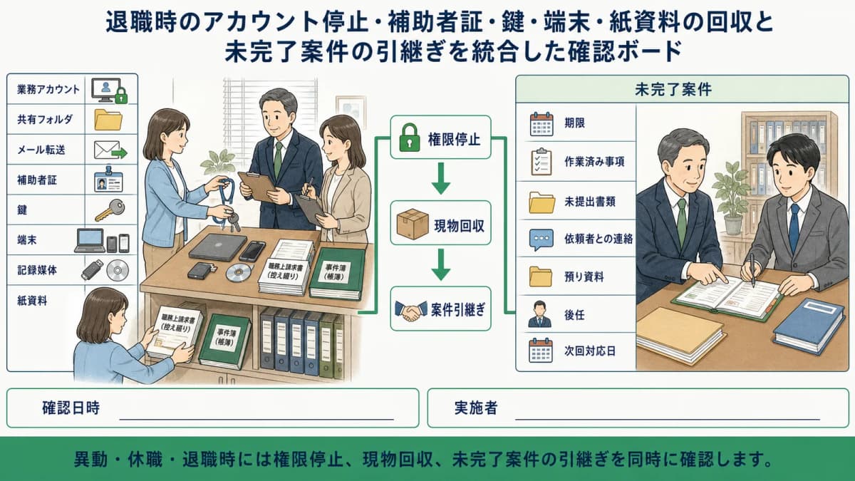 退職時のアカウント停止・補助者証・鍵・端末・紙資料の回収と未完了案件の引継ぎを統合した確認ボード