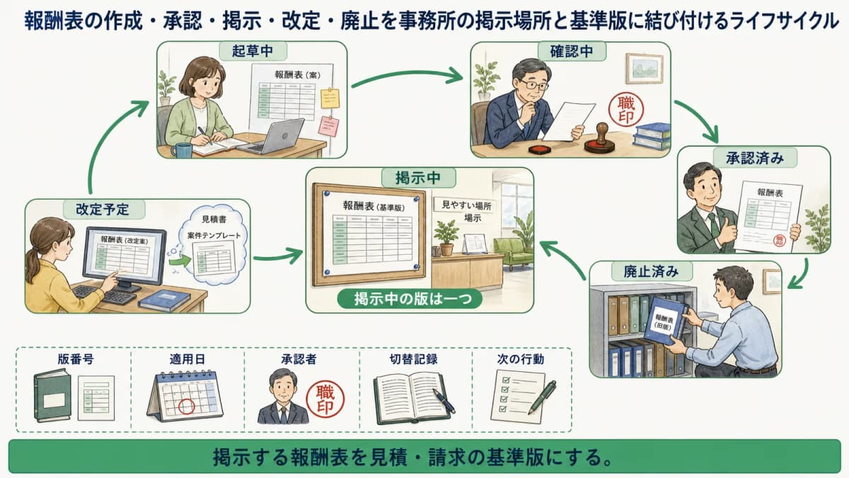 報酬表の作成・承認・掲示・改定・廃止を事務所の掲示場所と基準版に結び付けるライフサイクル