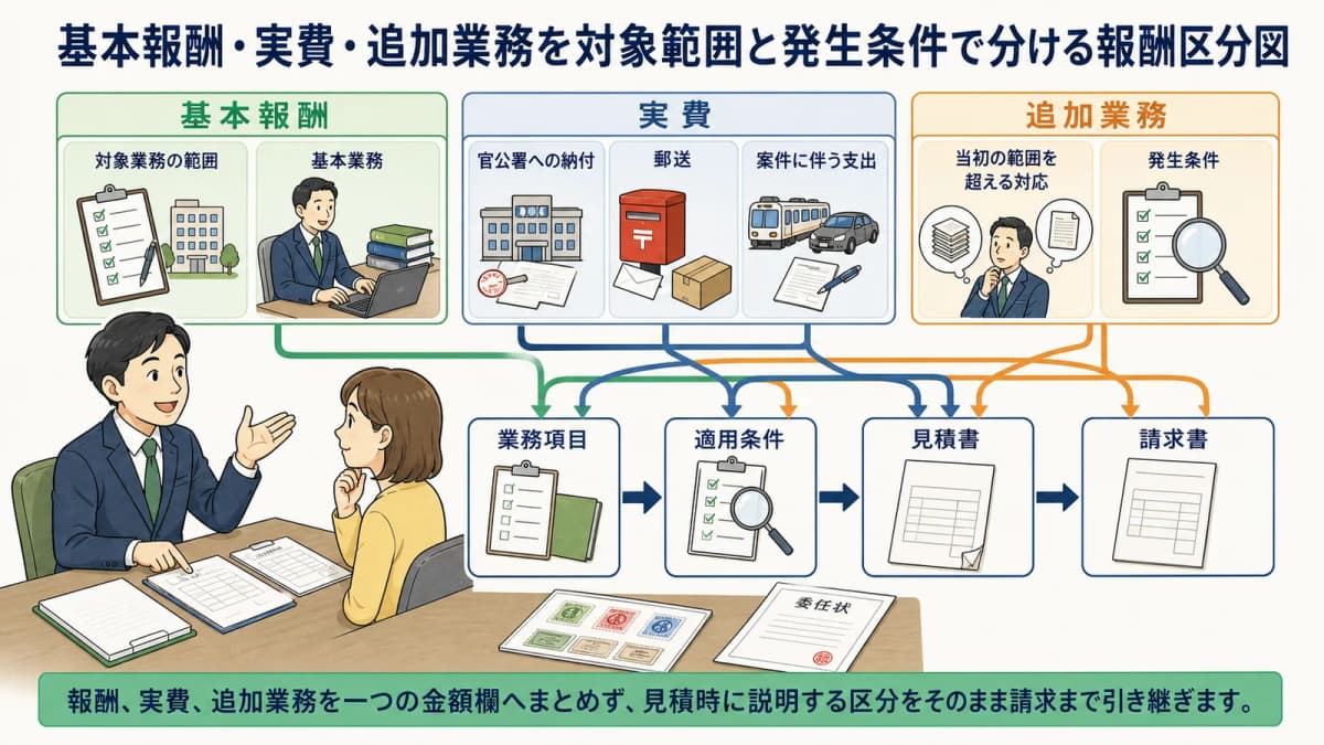 基本報酬・実費・追加業務を対象範囲と発生条件で分ける報酬区分図