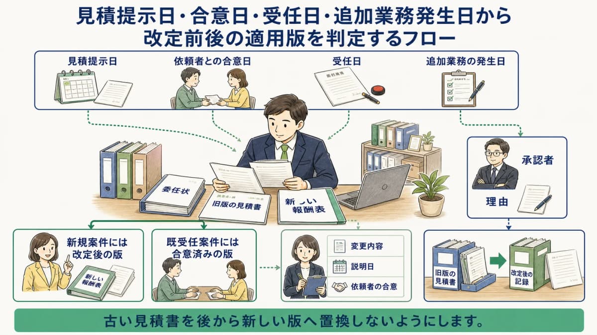 見積提示日・合意日・受任日・追加業務発生日から改定前後の適用版を判定するフロー