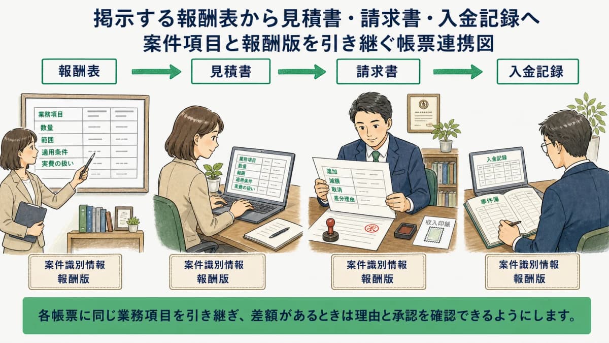 掲示する報酬表から見積書・請求書・入金記録へ案件項目と報酬版を引き継ぐ帳票連携図