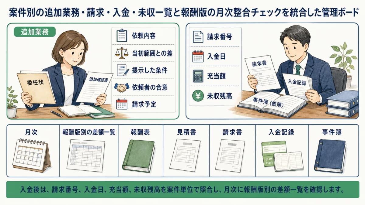 案件別の追加業務・請求・入金・未収一覧と報酬版の月次整合チェックを統合した管理ボード