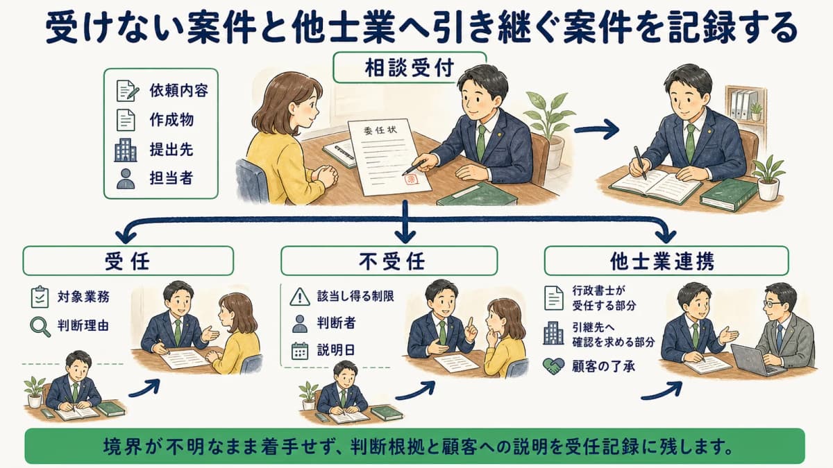 相談受付から受任・不受任・他士業連携までの担当者RACI表