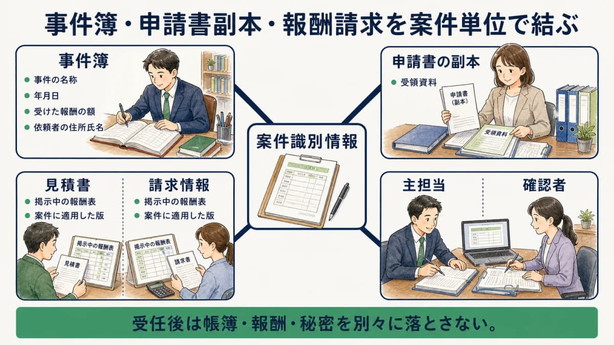 事件簿・申請書副本・報酬請求を案件単位で結ぶ関係図
