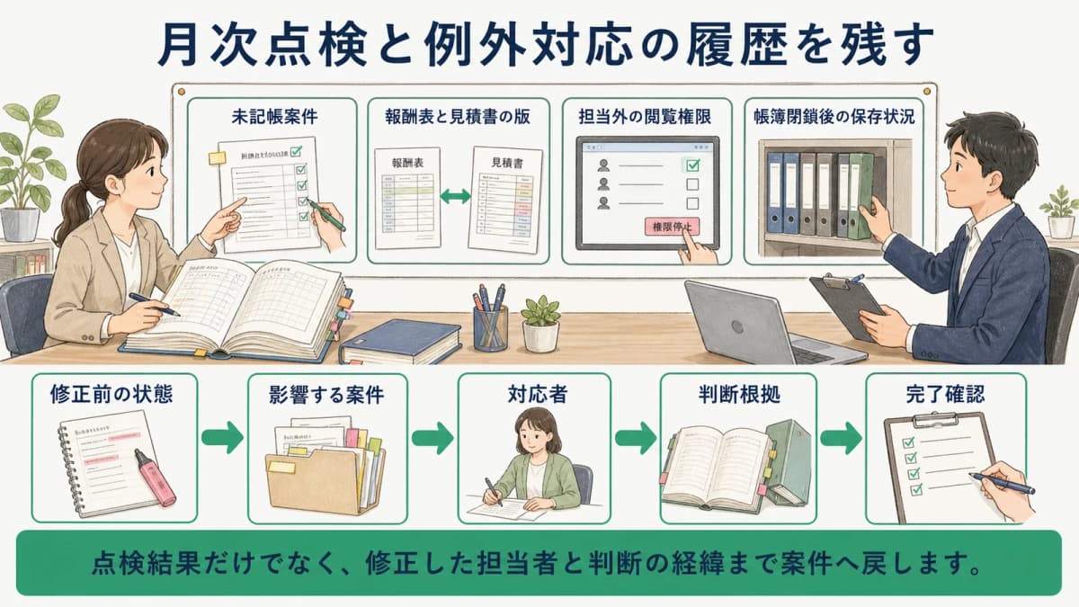 事件簿・報酬表・閲覧権限・保存期限を確認する行政書士事務所の月次点検ボード