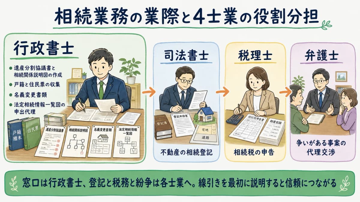 行政書士・司法書士・税理士・弁護士の相続業務の線引きを示した図
