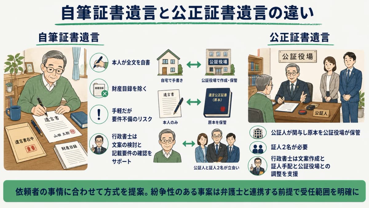 自筆証書遺言と公正証書遺言の違いと行政書士の関与範囲を示した図