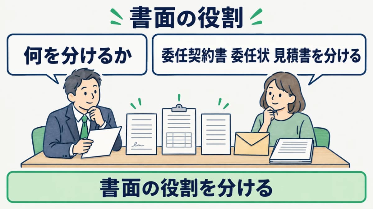 委任契約書・委任状・見積書の役割を分ける早見図