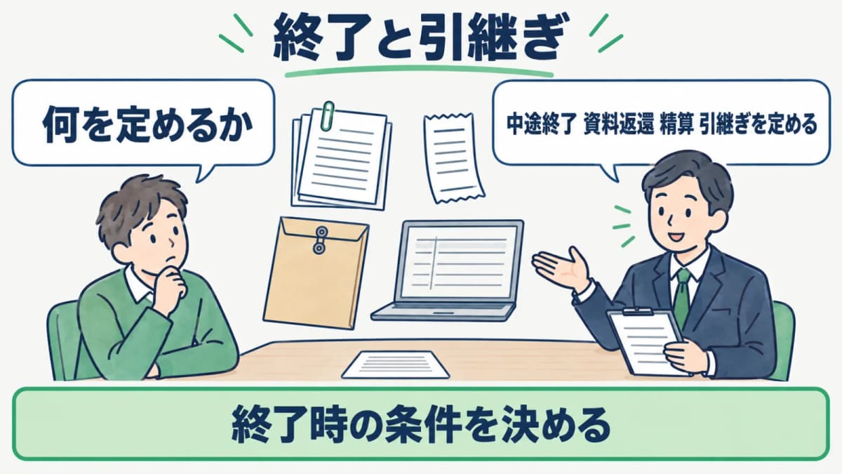 契約終了時に資料・精算・引継ぎを確認する図