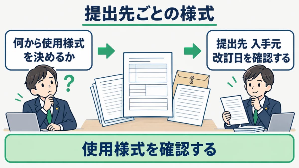 提出先の指定様式と事務所の書式を確認する優先順位