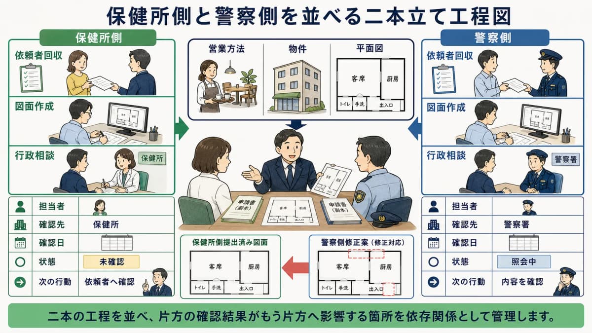 保健所側と警察側を並べる二本立て工程図